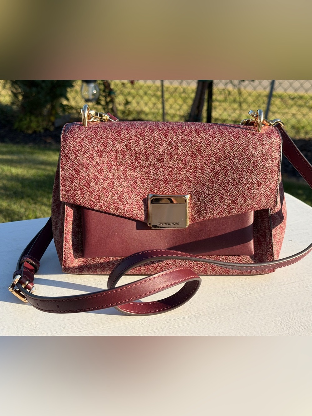 MICHAEL KORS Burgundy Signature Chain Strap Crossbody